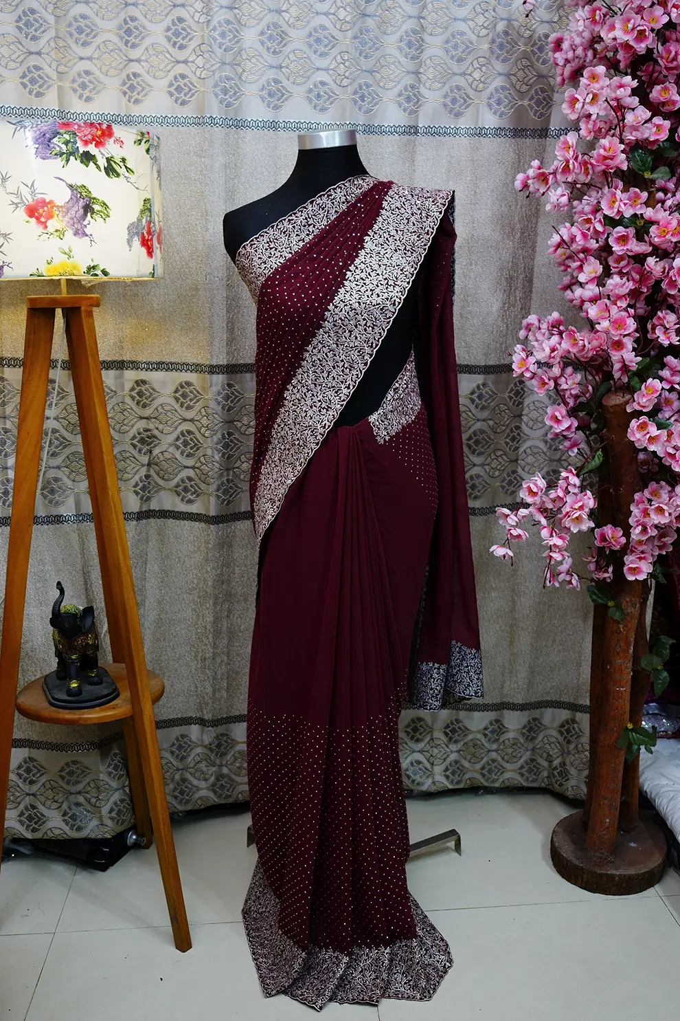 Merun Silk Blend Saree with Embroidery